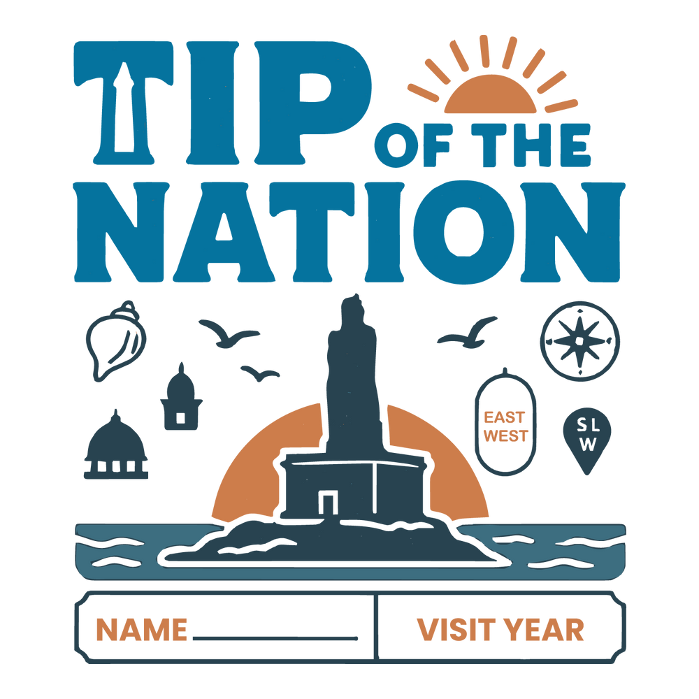 Kanyakumari travel tee with Thiruvalluvar Statue, sunrise, compass icons, customizable name and visit year fields.