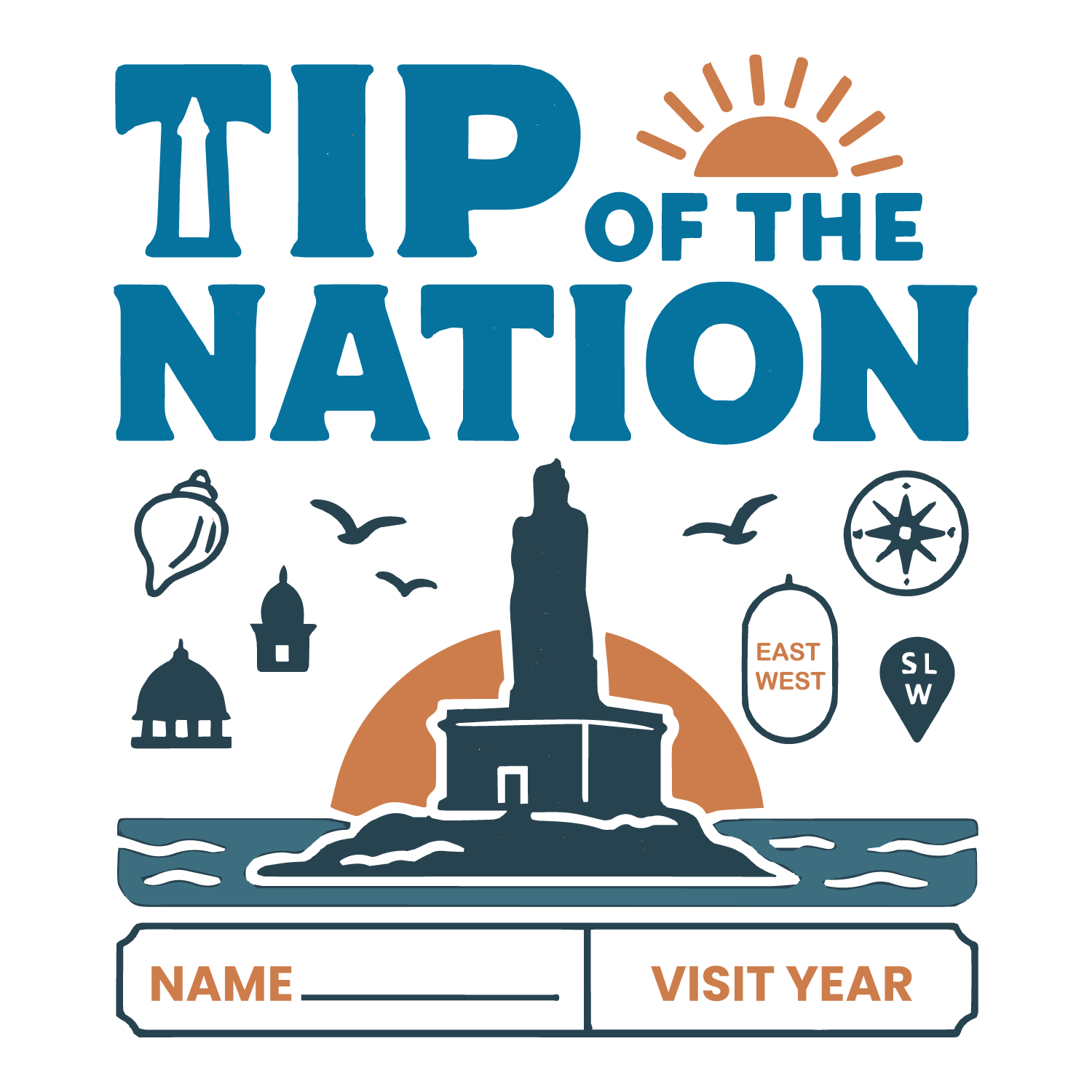 Kanyakumari travel tee with Thiruvalluvar Statue, sunrise, compass icons, customizable name and visit year fields.