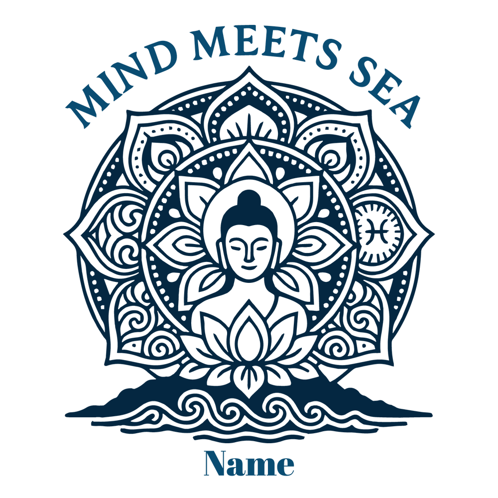 Meditative Buddha mandala with lotus and ocean waves, customizable name field.