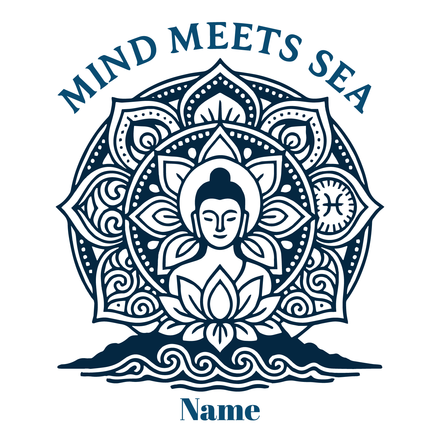 Meditative Buddha mandala with lotus and ocean waves, customizable name field.
