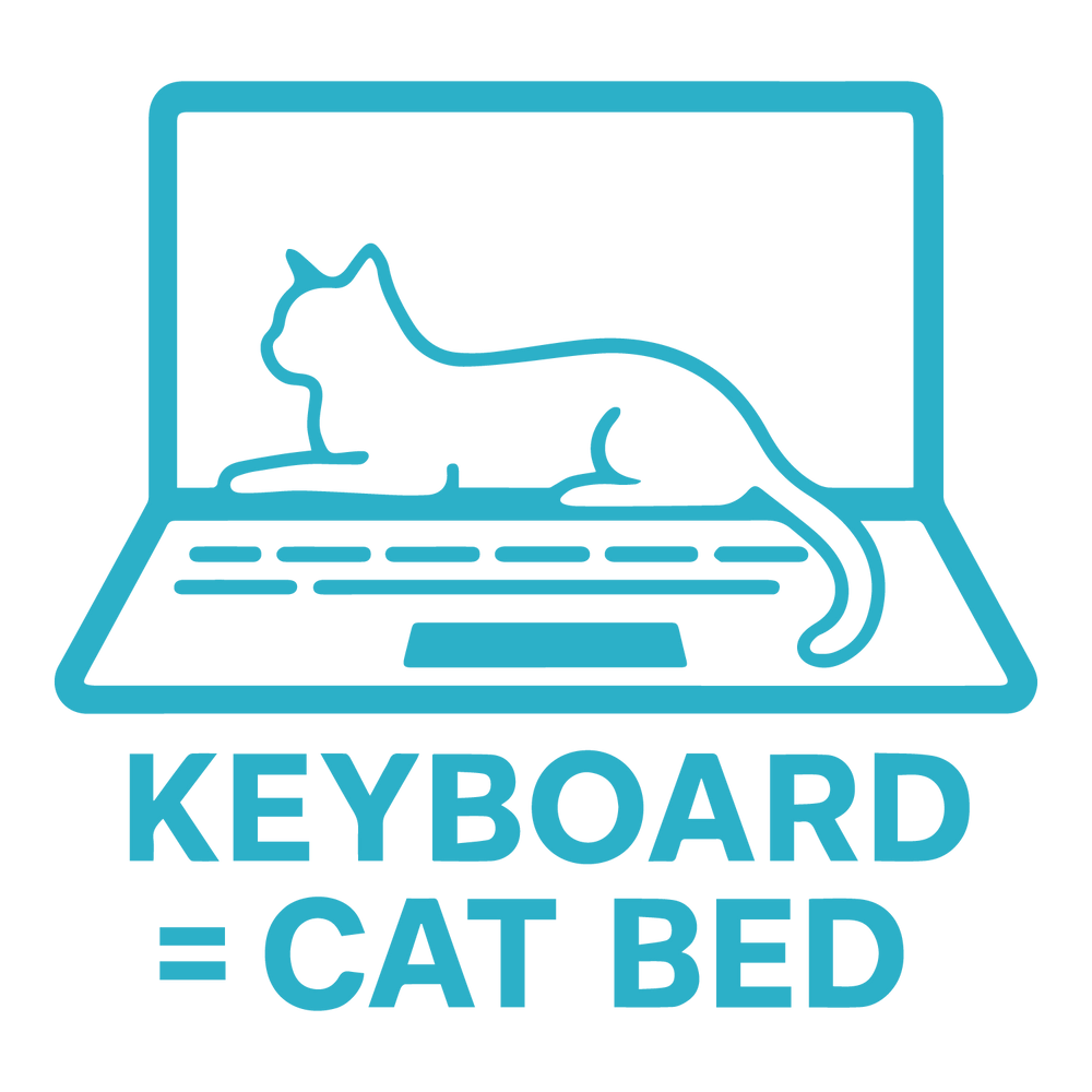 Minimalist cat illustration on laptop keyboard with text “Keyboard = Cat Bed.”