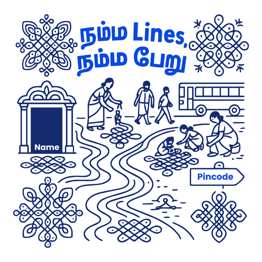 Tamil Kolam-inspired street T-shirt with temple, bus, everyday scenes, and customizable name and pincode.