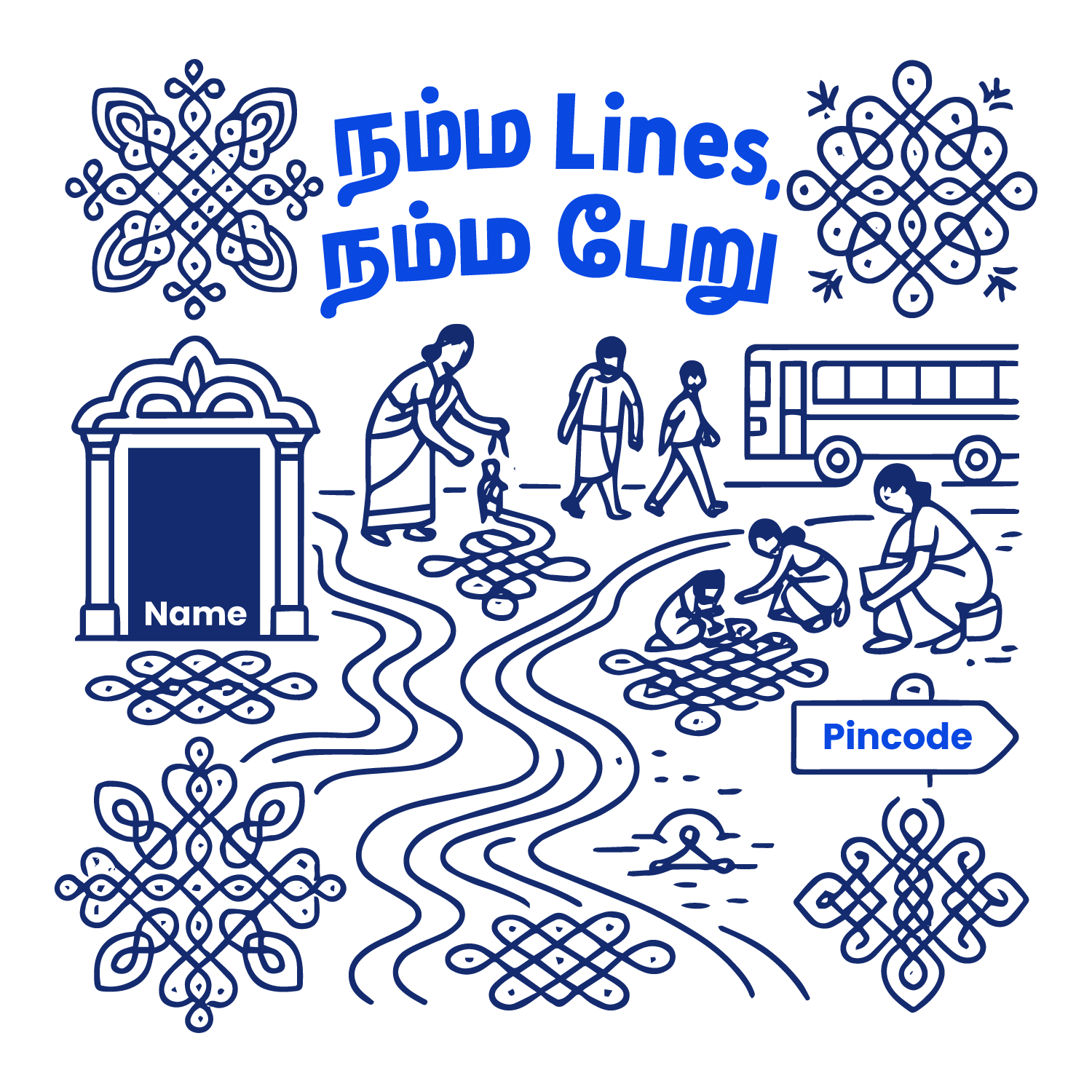 Tamil Kolam-inspired street T-shirt with temple, bus, everyday scenes, and customizable name and pincode.