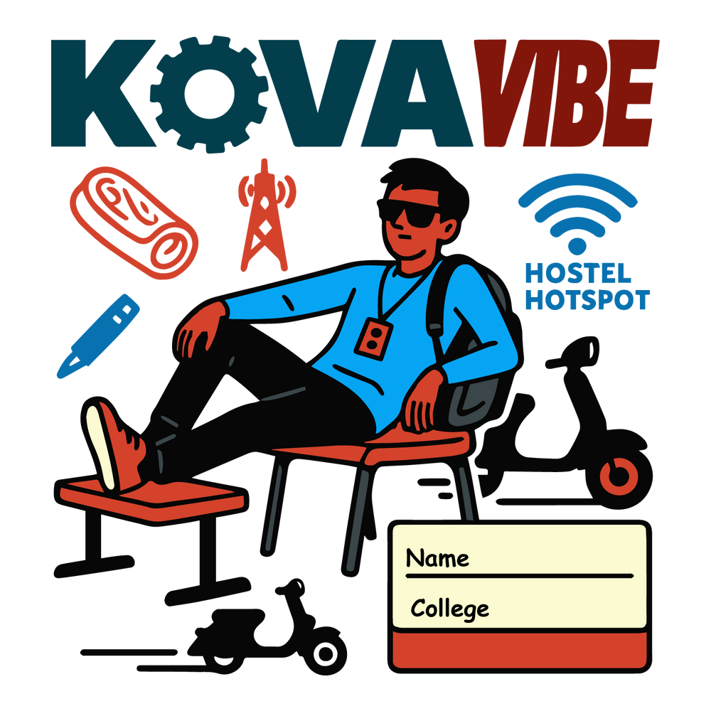Kovai Vibe college life T-shirt with relaxed student, hostel hotspot, scooter, and customizable name and college.