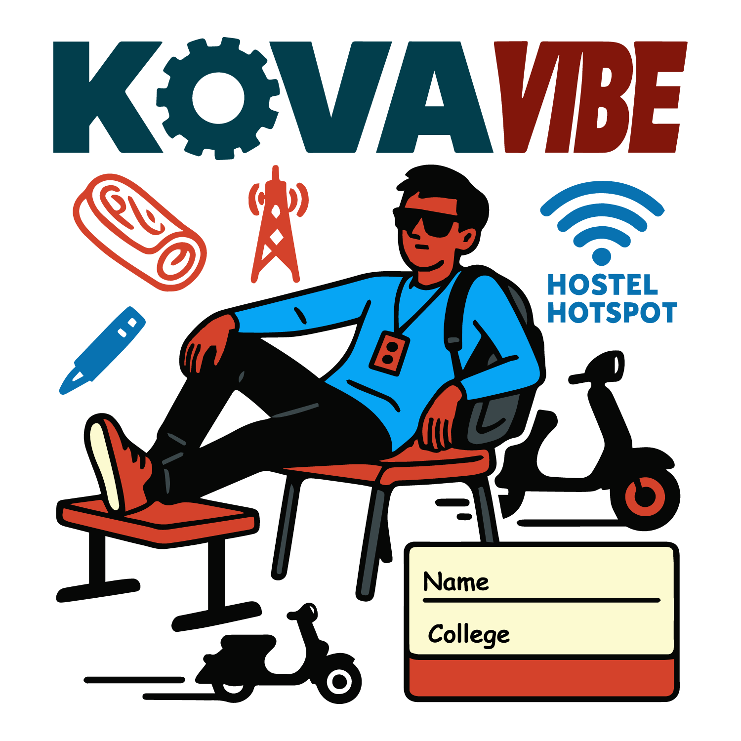 Kovai Vibe college life T-shirt with relaxed student, hostel hotspot, scooter, and customizable name and college.