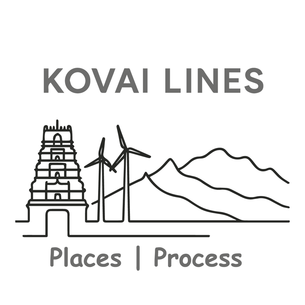Minimalist Kovai skyline T-shirt with temple, windmills, mountains, and customizable place and process.