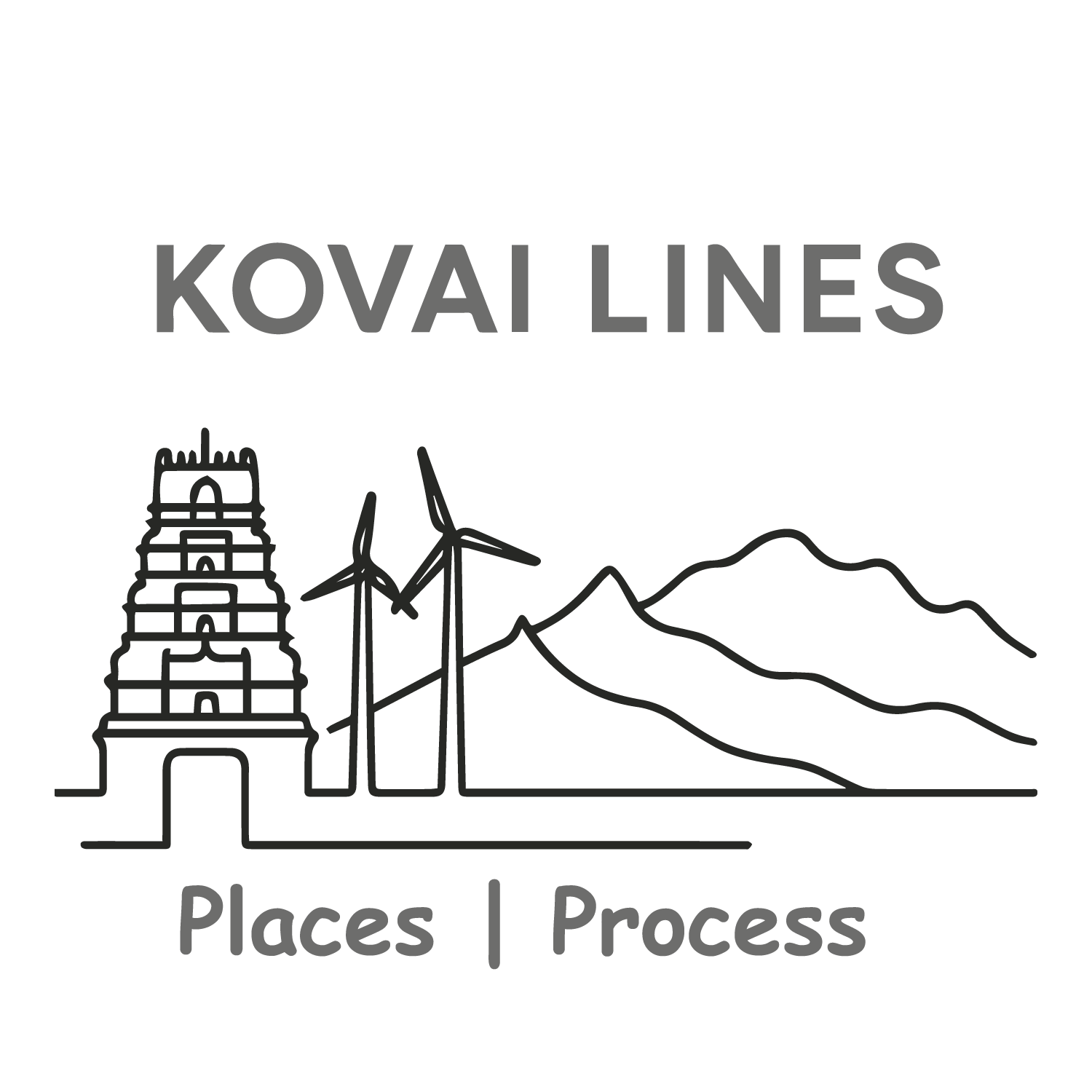 Minimalist Kovai skyline T-shirt with temple, windmills, mountains, and customizable place and process.