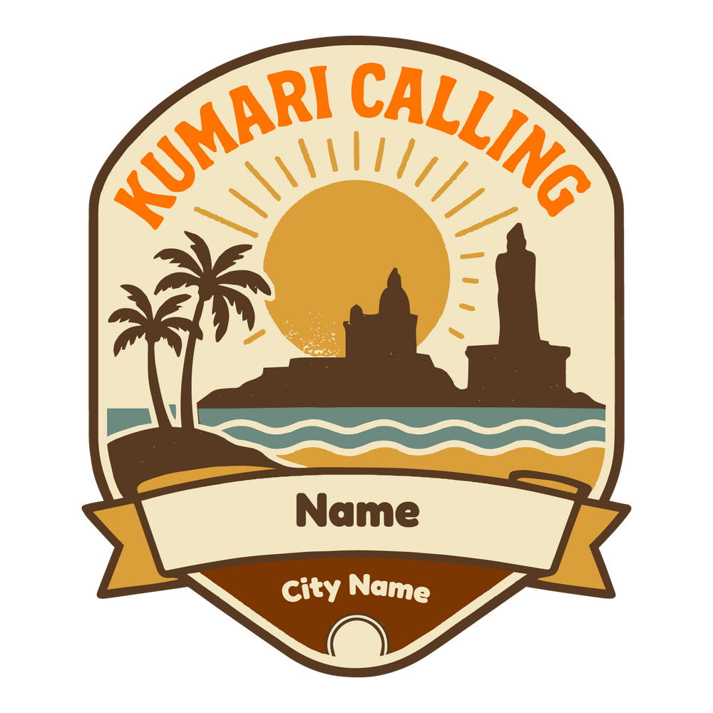 Sunset tee with palm trees, ocean waves, Kanyakumari icons, customizable name and city name fields.