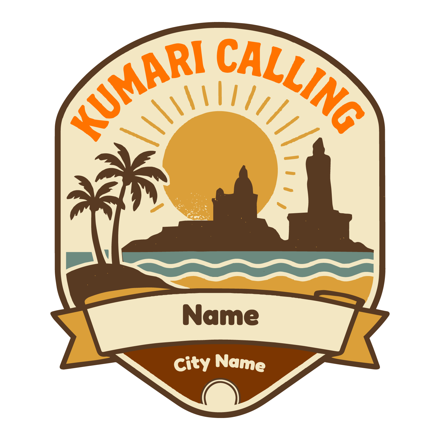 Sunset tee with palm trees, ocean waves, Kanyakumari icons, customizable name and city name fields.