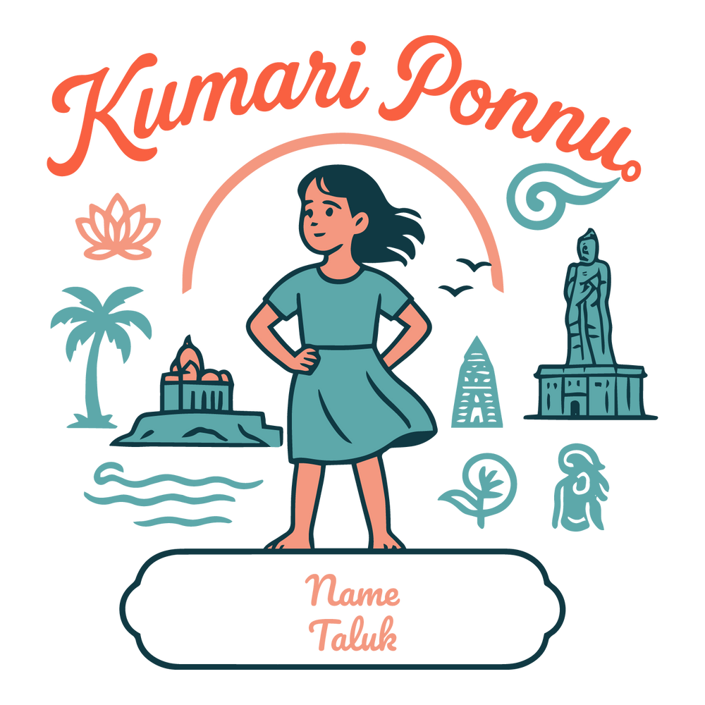 Girl illustration with Kanyakumari icons, customizable banner for name and taluk.