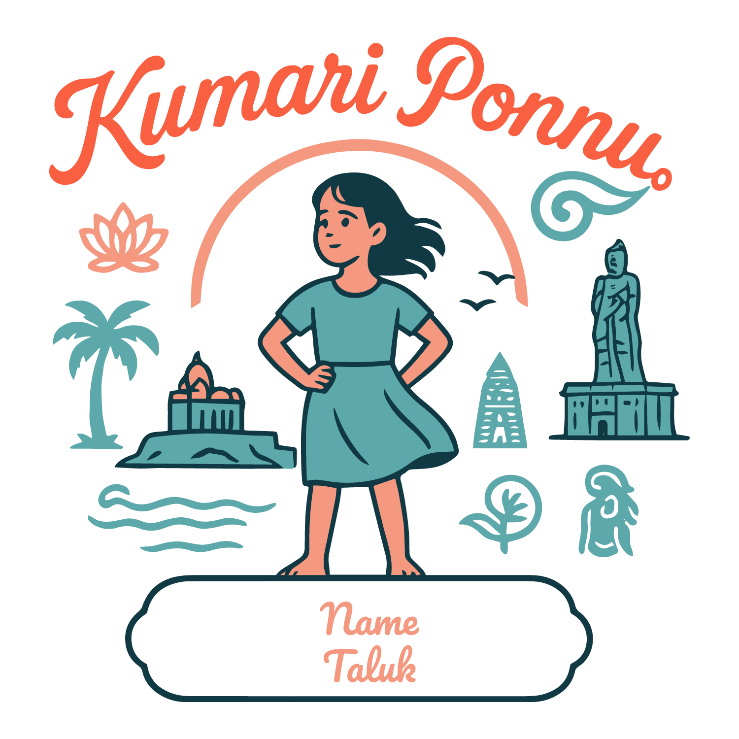 Girl illustration with Kanyakumari icons, customizable banner for name and taluk.