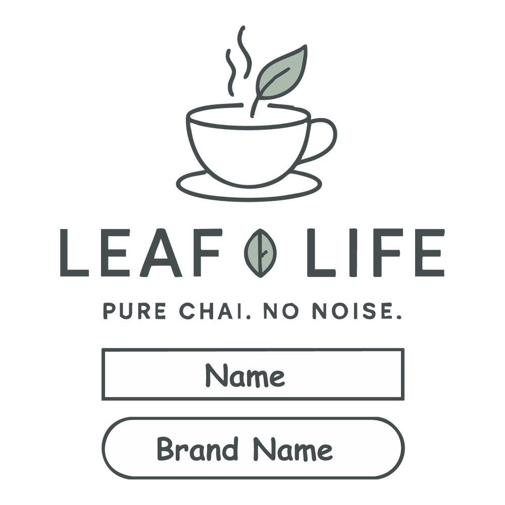 Minimal chai T-shirt design featuring cup with leaf, text “Leaf & Life – Pure Chai. No Noise.” and editable name and brand name fields.