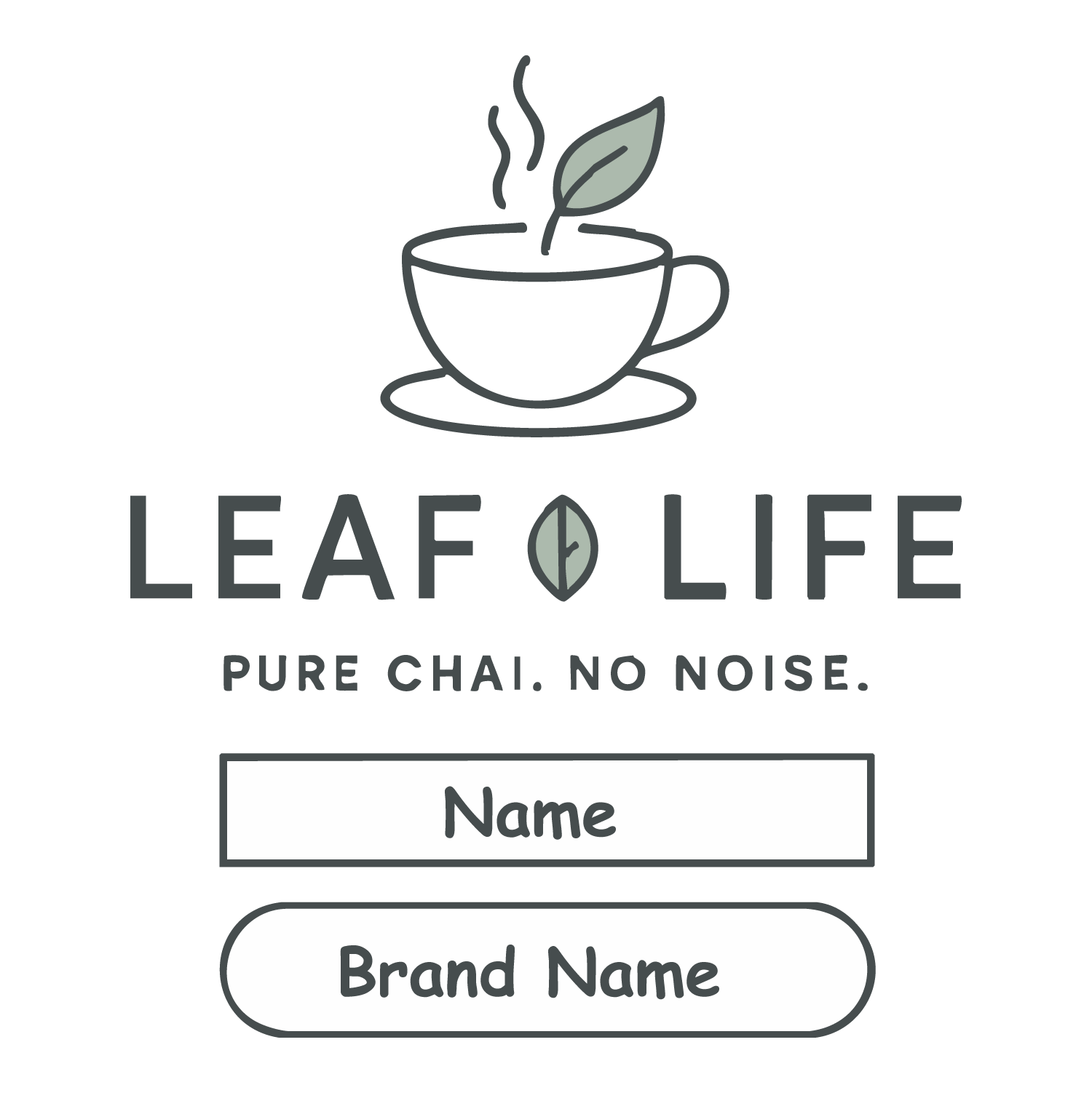 Minimal chai T-shirt design featuring cup with leaf, text “Leaf & Life – Pure Chai. No Noise.” and editable name and brand name fields.