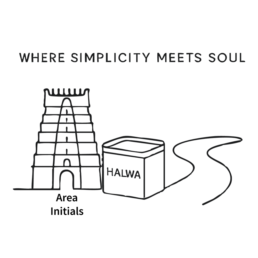 Minimalist line-art tee with Tirunelveli temple, halwa box, road, customizable name or city text.