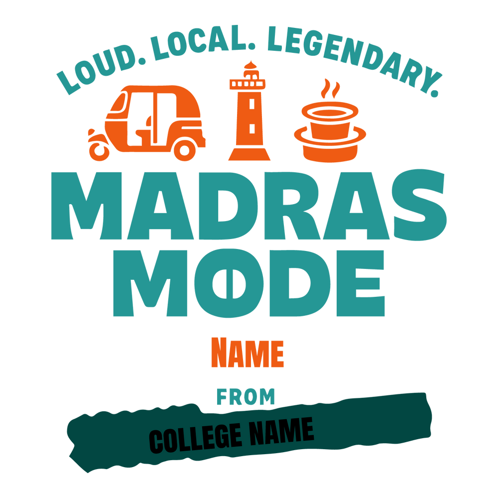 Madras Mode T-shirt design with auto, lighthouse, coffee, and customizable name and college name.