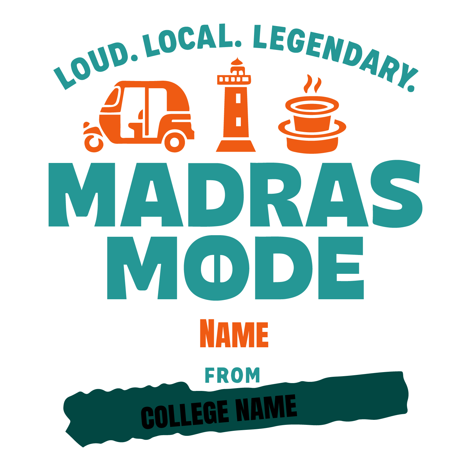 Madras Mode T-shirt design with auto, lighthouse, coffee, and customizable name and college name.