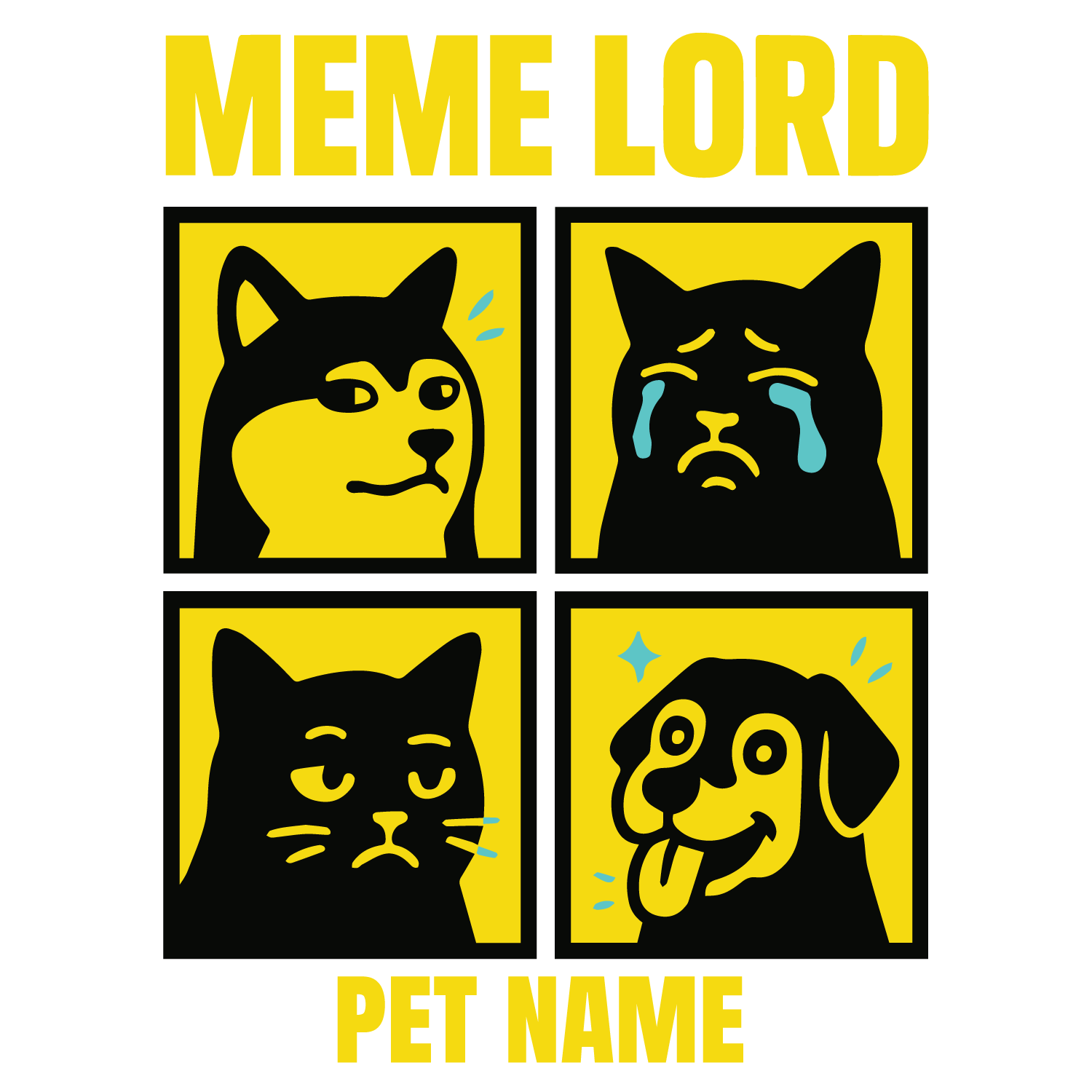 Funny “Meme Lord” custom dog T-shirt with four meme-style panels, cats, dogs, and editable pet name.