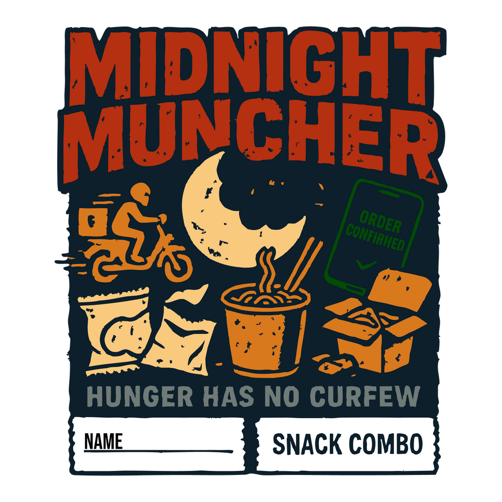 Midnight Muncher foodie T-shirt with noodles, snacks, and delivery art, editable with name and snack combo.