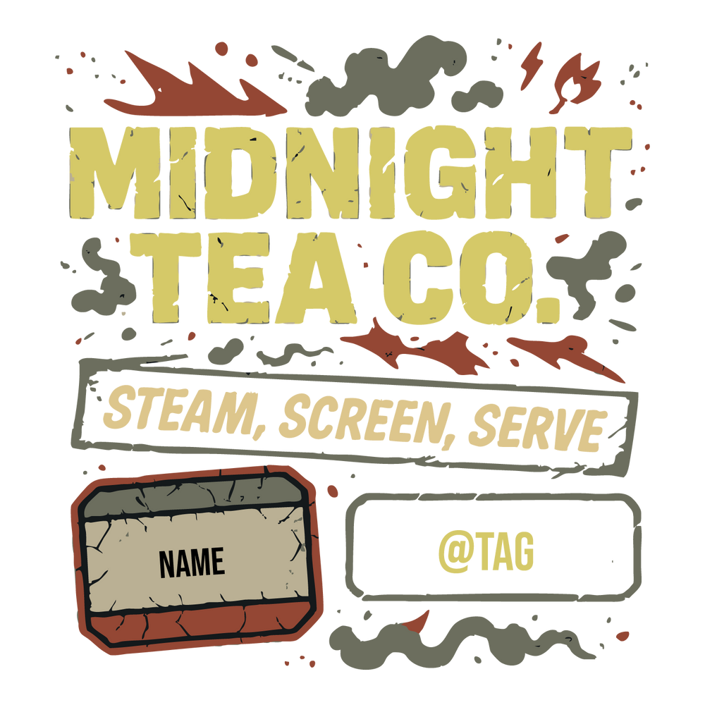 Grunge-style T-shirt design reading “Midnight Tea Co. – Steam, Screen, Serve” with editable name and tag fields.