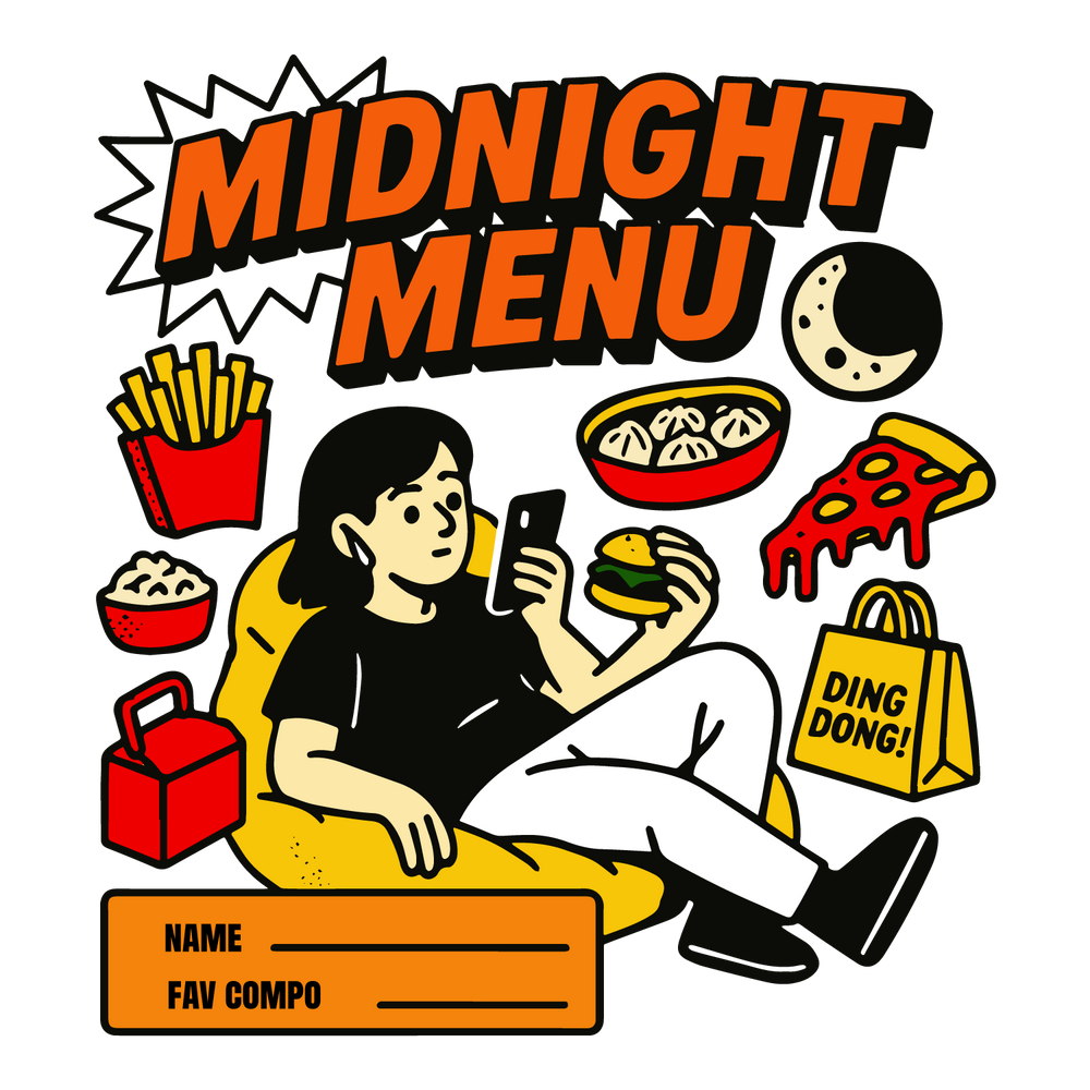 Midnight Menu foodie T-shirt with fries, pizza, momos, editable name and favorite food combo personalization.