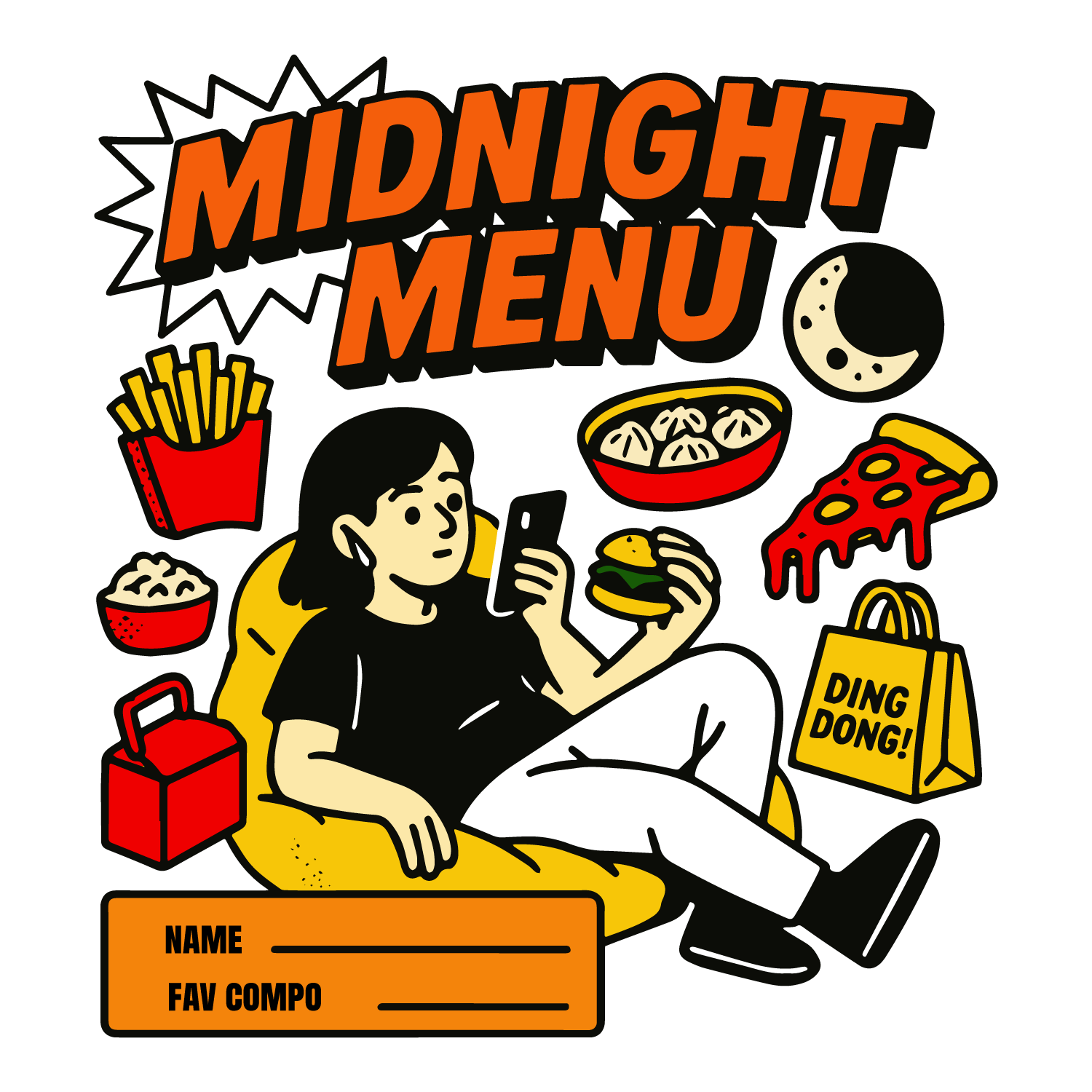Midnight Menu foodie T-shirt with fries, pizza, momos, editable name and favorite food combo personalization.