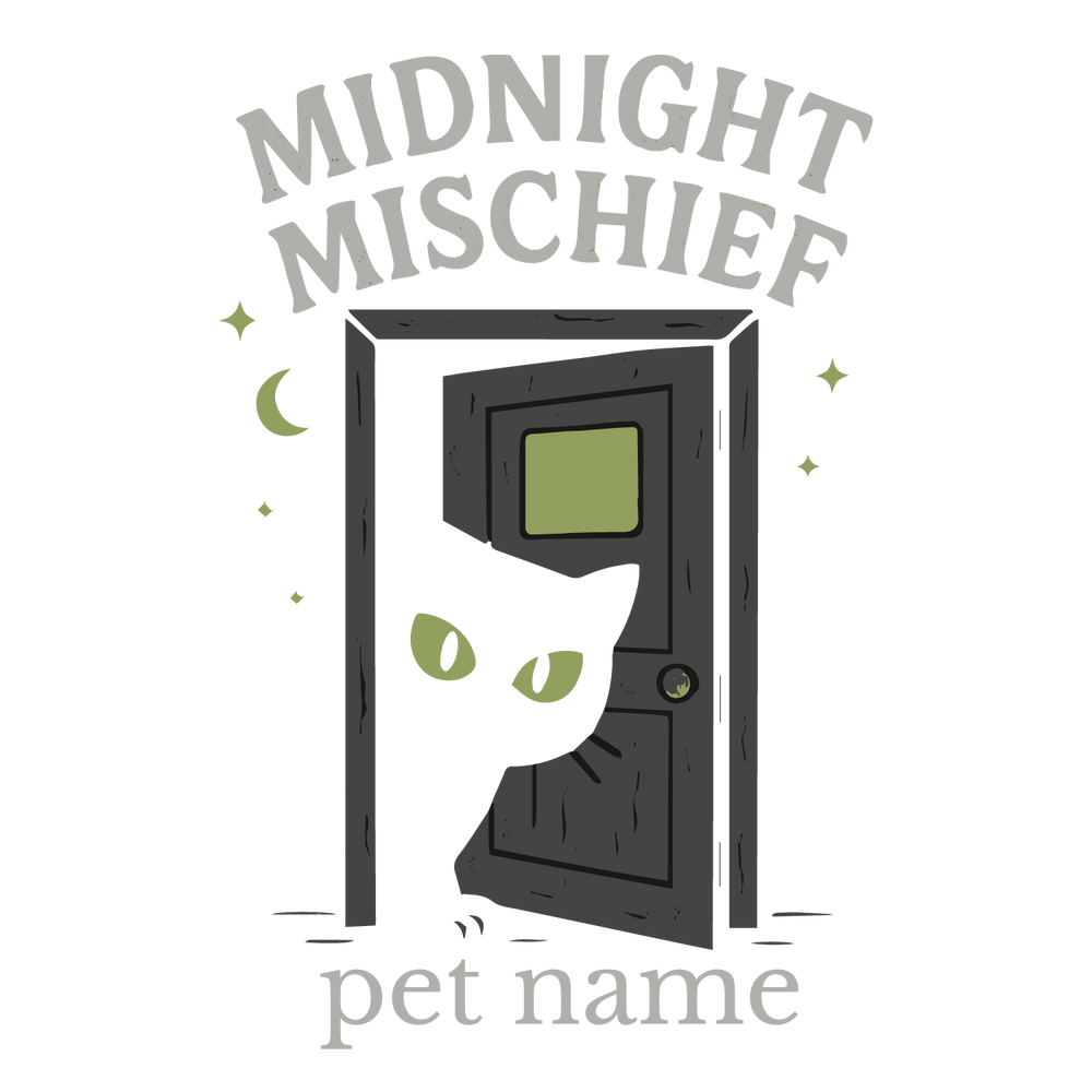 Black cat with glowing eyes at night doorway, customizable pet name.