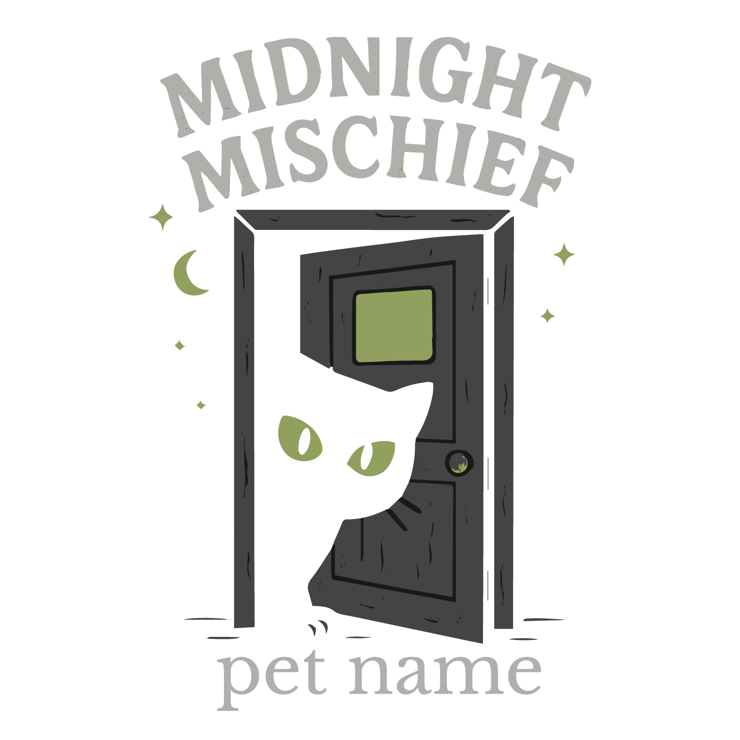 Black cat with glowing eyes at night doorway, customizable pet name.