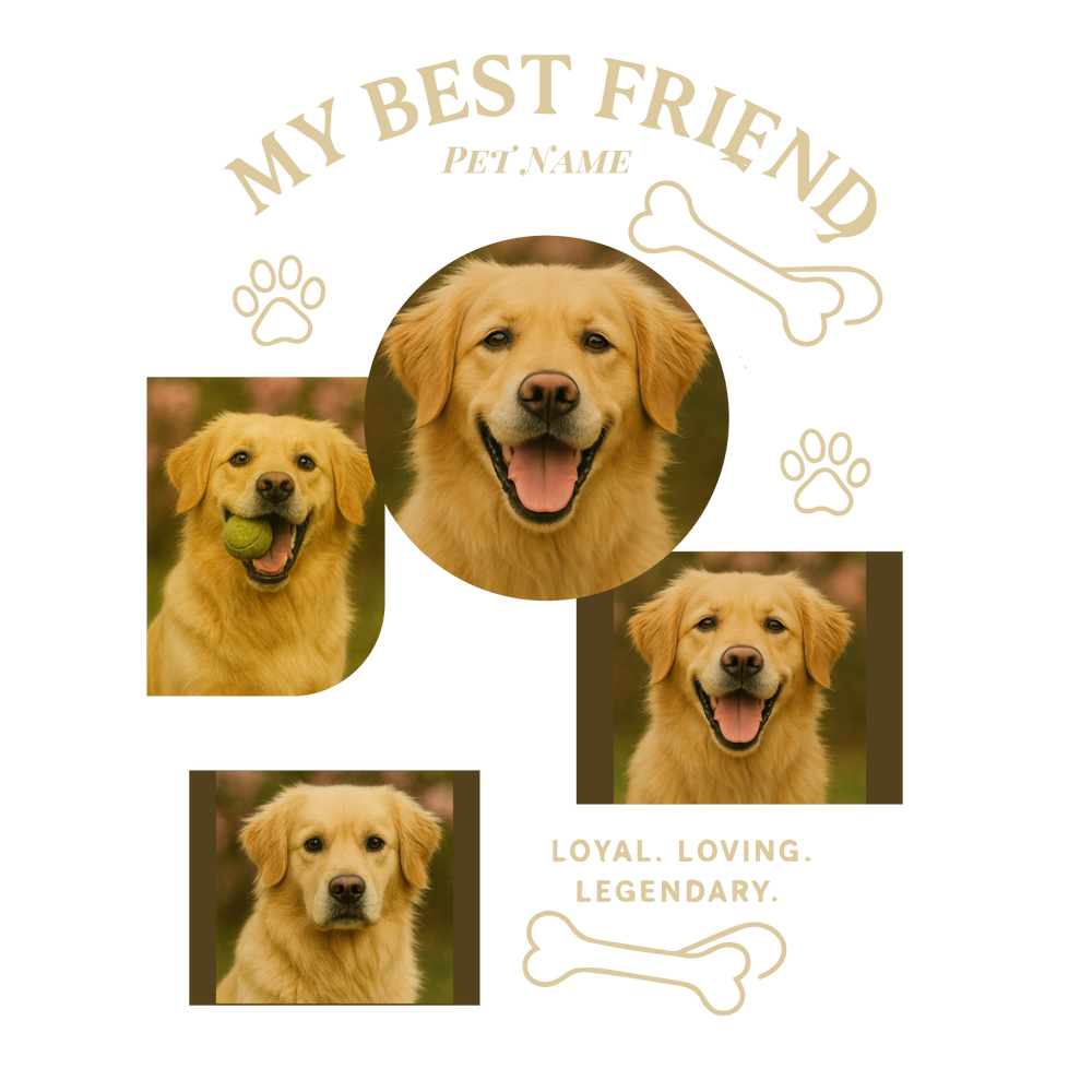 Custom “My Best Friend” pet T-shirt with dog photos, paw and bone icons, and editable pet name.