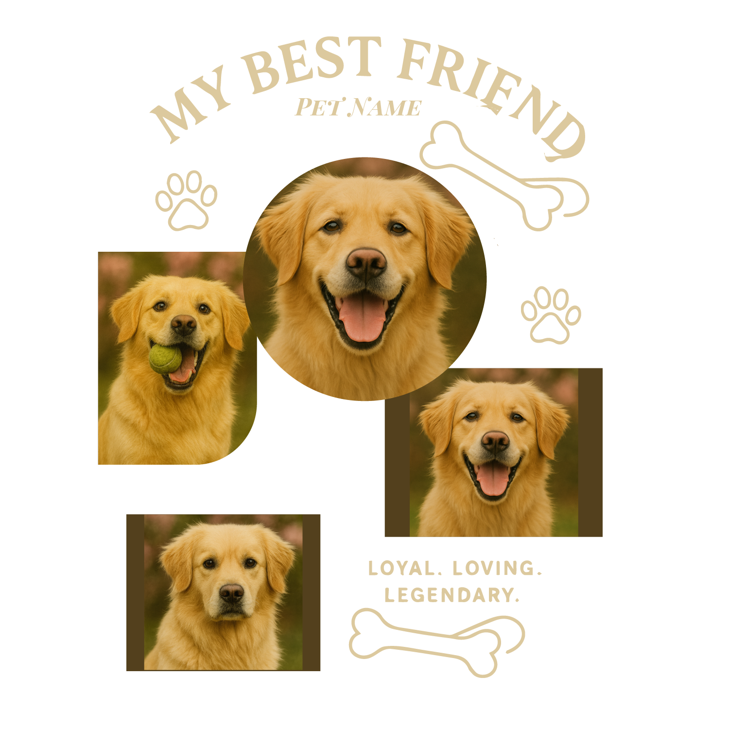 Custom “My Best Friend” pet T-shirt with dog photos, paw and bone icons, and editable pet name.