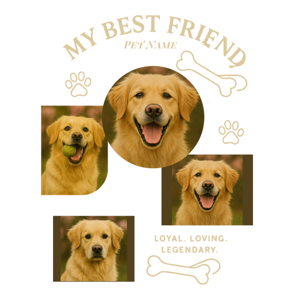 Custom “My Best Friend” pet T-shirt with dog photos, paw and bone icons, and editable pet name.