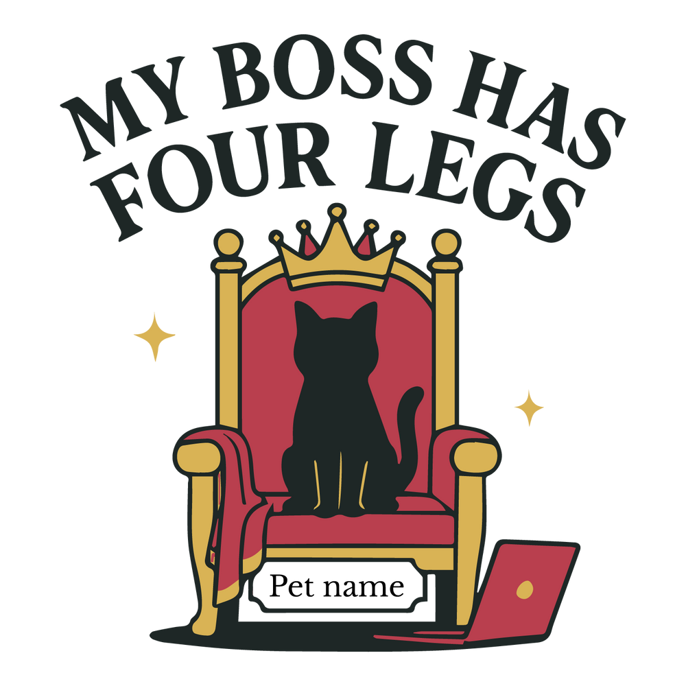 Cat silhouette on throne with crown, customizable throne nameplate for pet name.