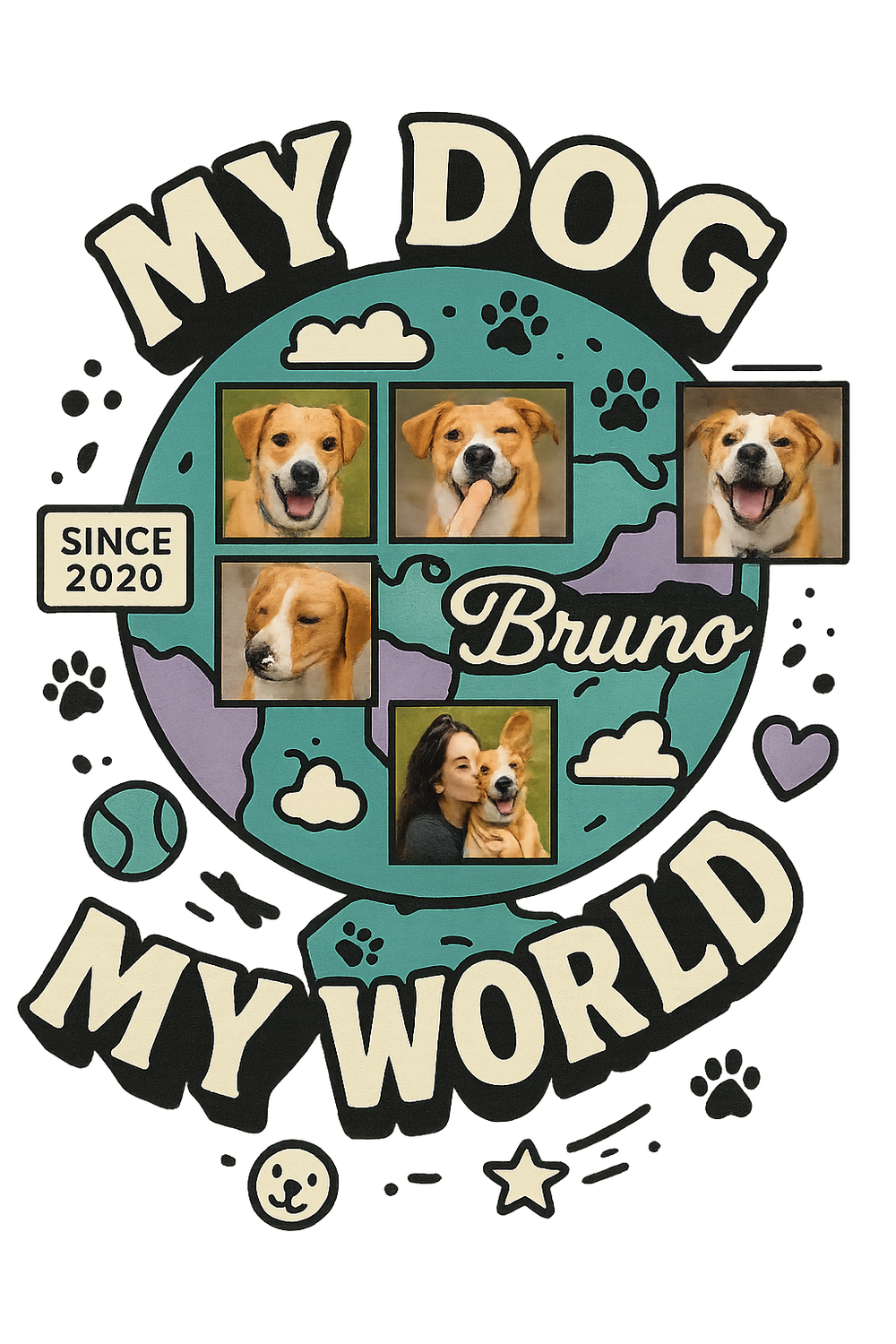 Custom “My Dog My World” T-shirt with globe design, dog photos, editable pet name, and year.