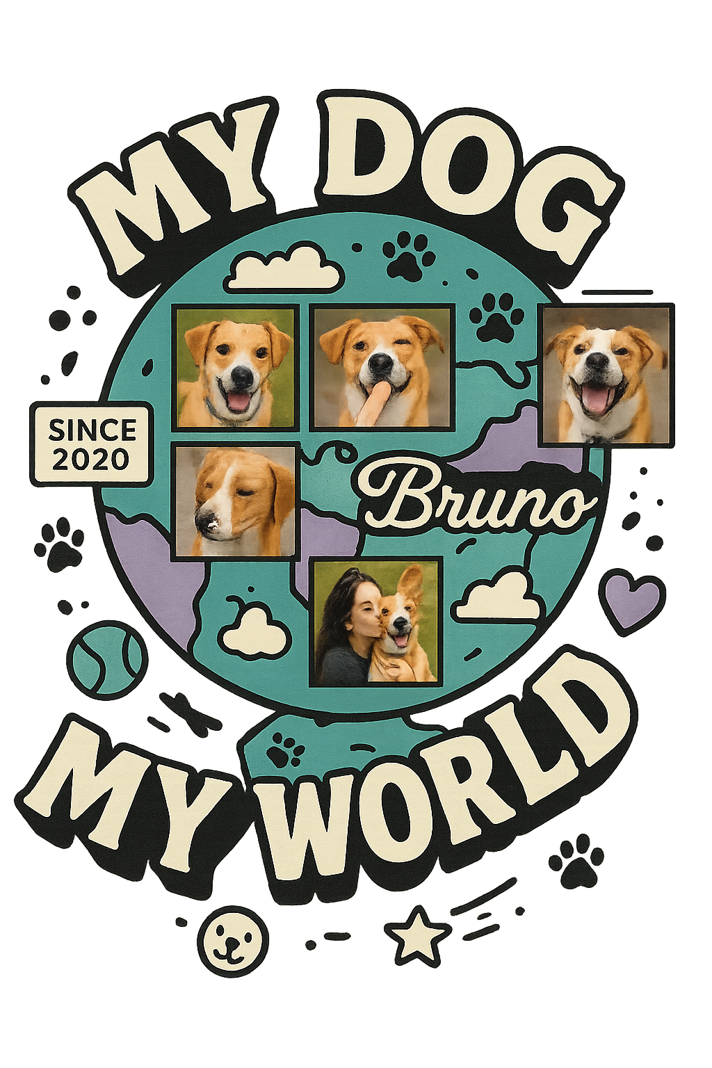 Custom “My Dog My World” T-shirt with globe design, dog photos, editable pet name, and year.