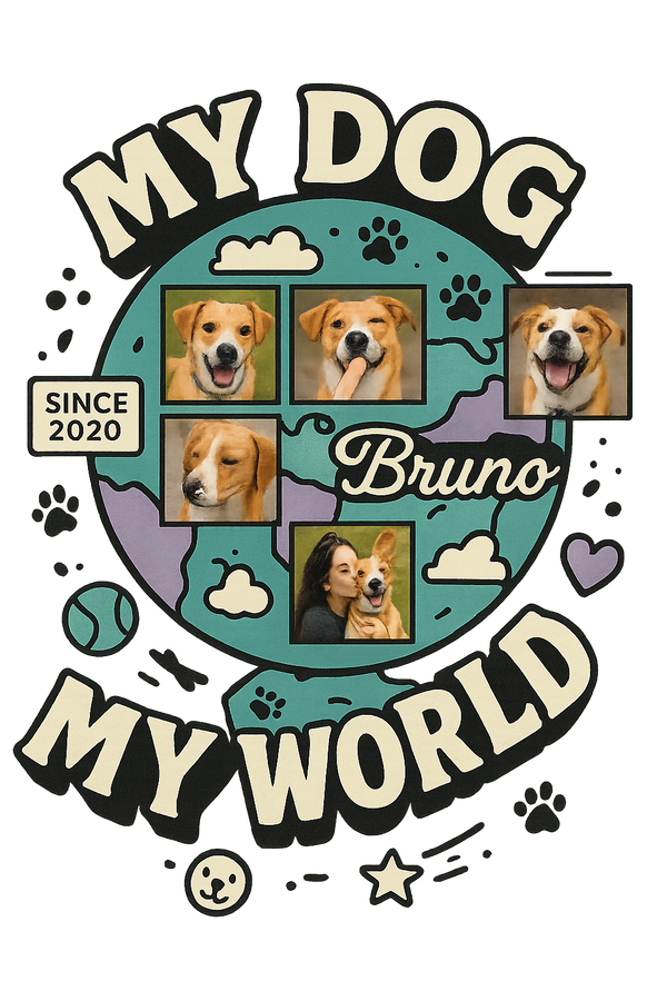 Custom “My Dog My World” T-shirt with globe design, dog photos, editable pet name, and year.