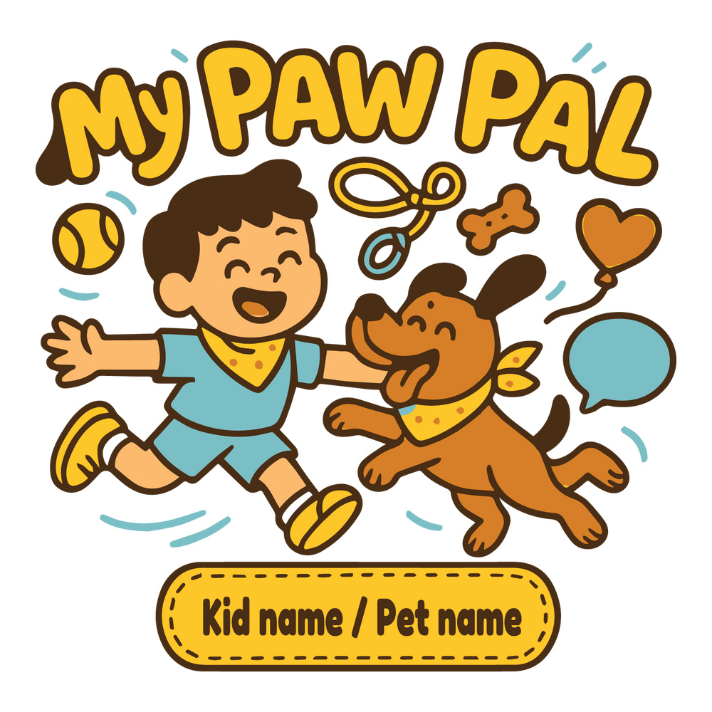 Cartoon child and dog playing together with customizable kid and pet name on T-shirt.