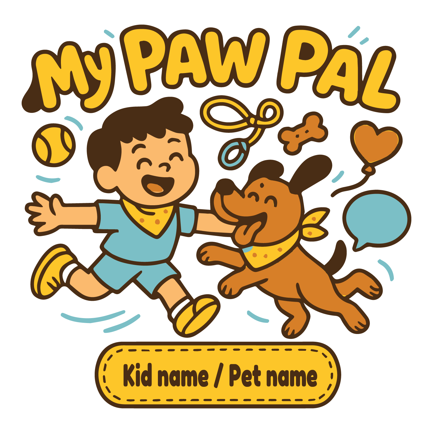 Cartoon child and dog playing together with customizable kid and pet name on T-shirt.