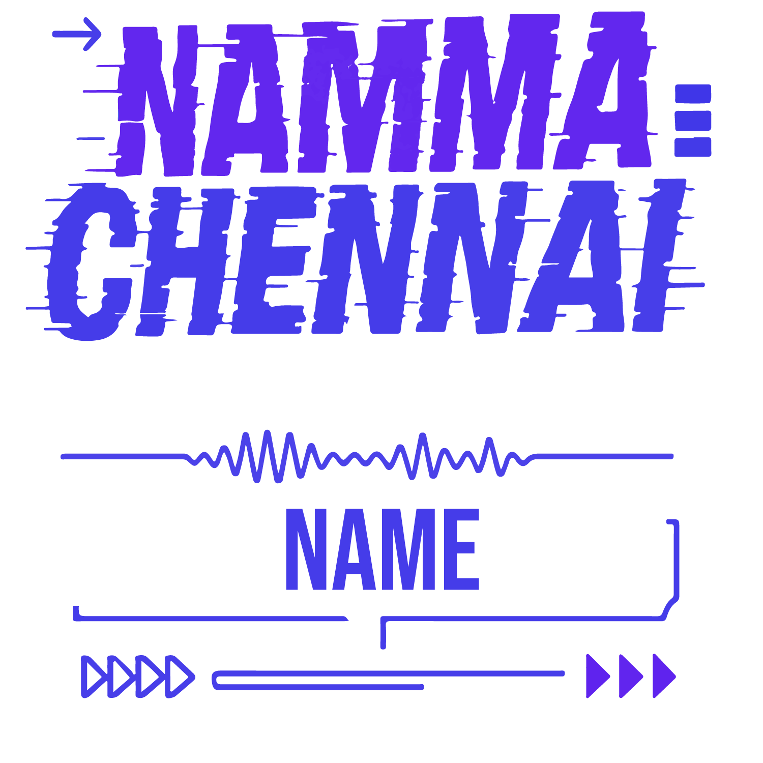 Namma Chennai glitch-style T-shirt design with neon blue typography, music wave, and customizable name.