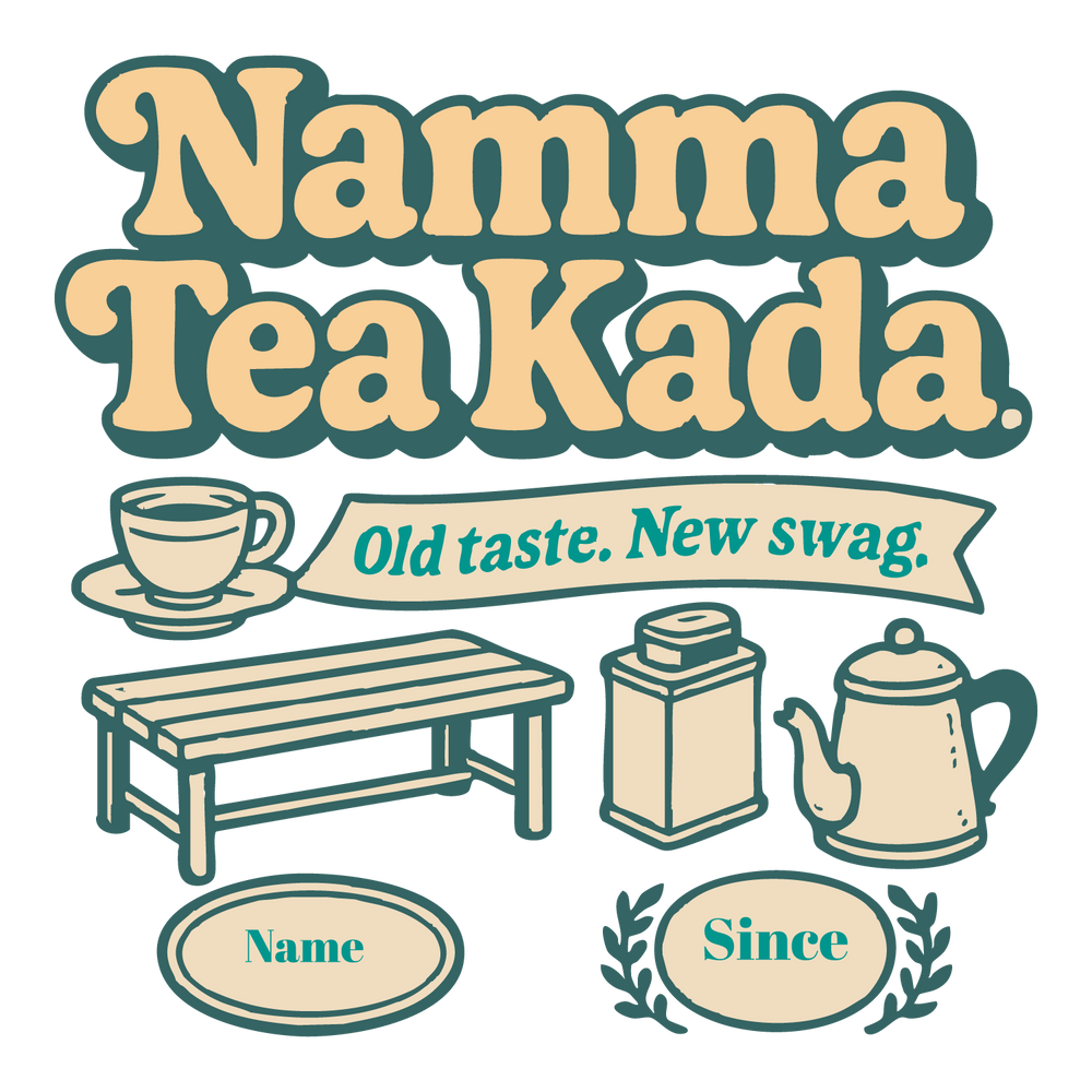 Retro Tamil-style T-shirt design with tea bench, kettle, and cup illustrations, featuring editable name and since year fields.