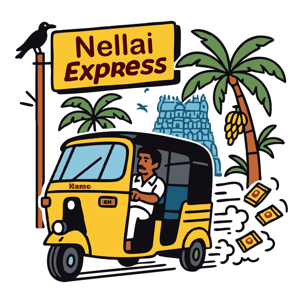 Nellai Express tee with yellow auto-rickshaw, temple backdrop, palms, bananas, crow, customizable name field.