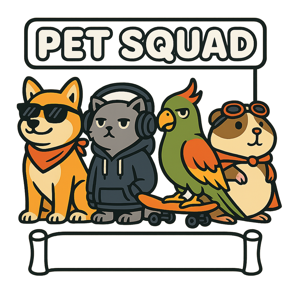 Trendy “Pet Squad” custom T-shirt with dog, cat, parrot, guinea pig squad design and editable name.