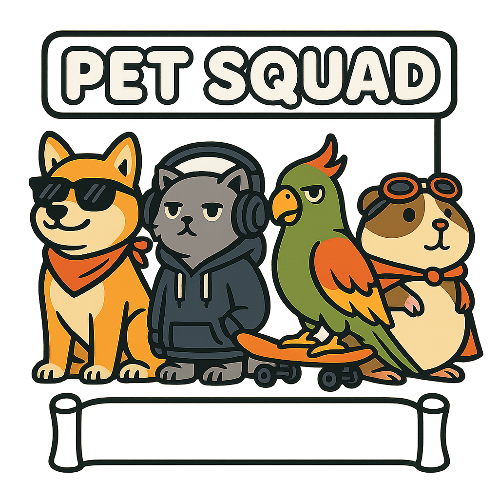 Trendy “Pet Squad” custom T-shirt with dog, cat, parrot, guinea pig squad design and editable name.
