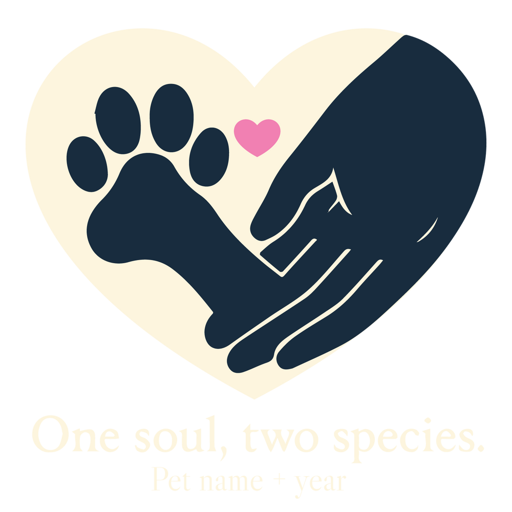 Custom “One Soul, Two Species” T-shirt with paw and hand inside heart, editable pet name and year.
