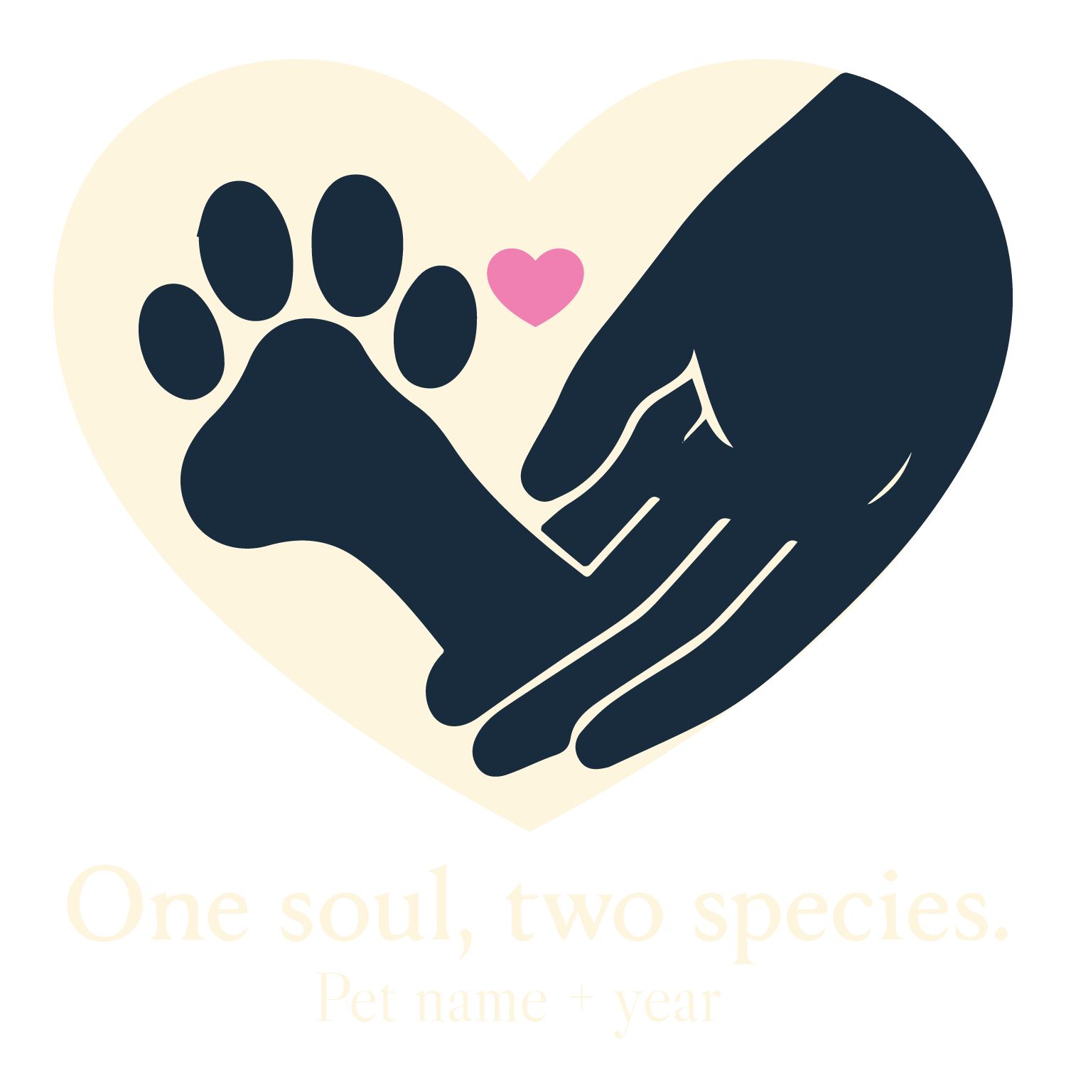 Custom “One Soul, Two Species” T-shirt with paw and hand inside heart, editable pet name and year.