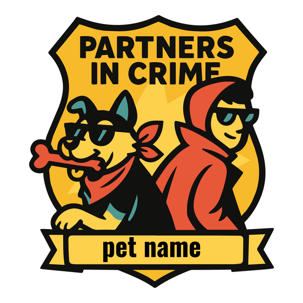 Custom “Partners in Crime” dog T-shirt with badge design, pet and owner cartoon, and editable pet name.