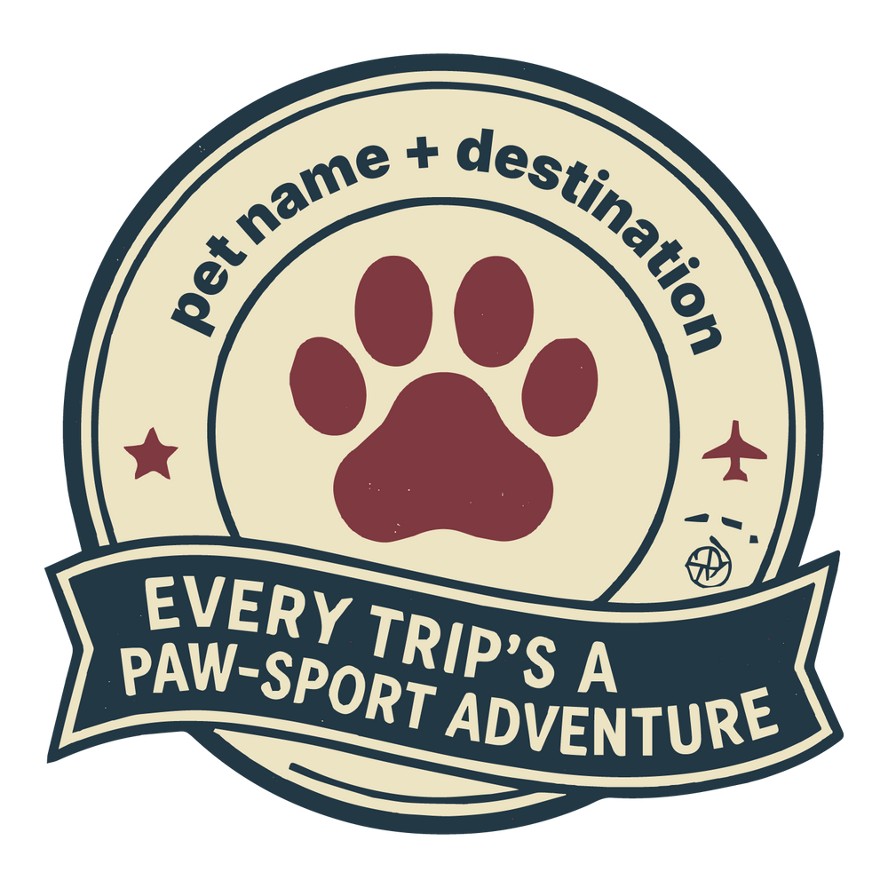 Travel “Paw-Sport Adventure” custom dog T-shirt with paw print, airplane icons, editable pet name and destination.