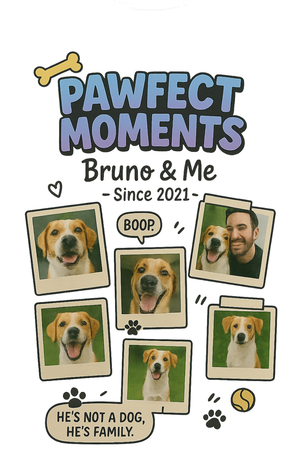 Scrapbook-style dog lover design with customizable pet name, year, and photo slots on T-shirt.