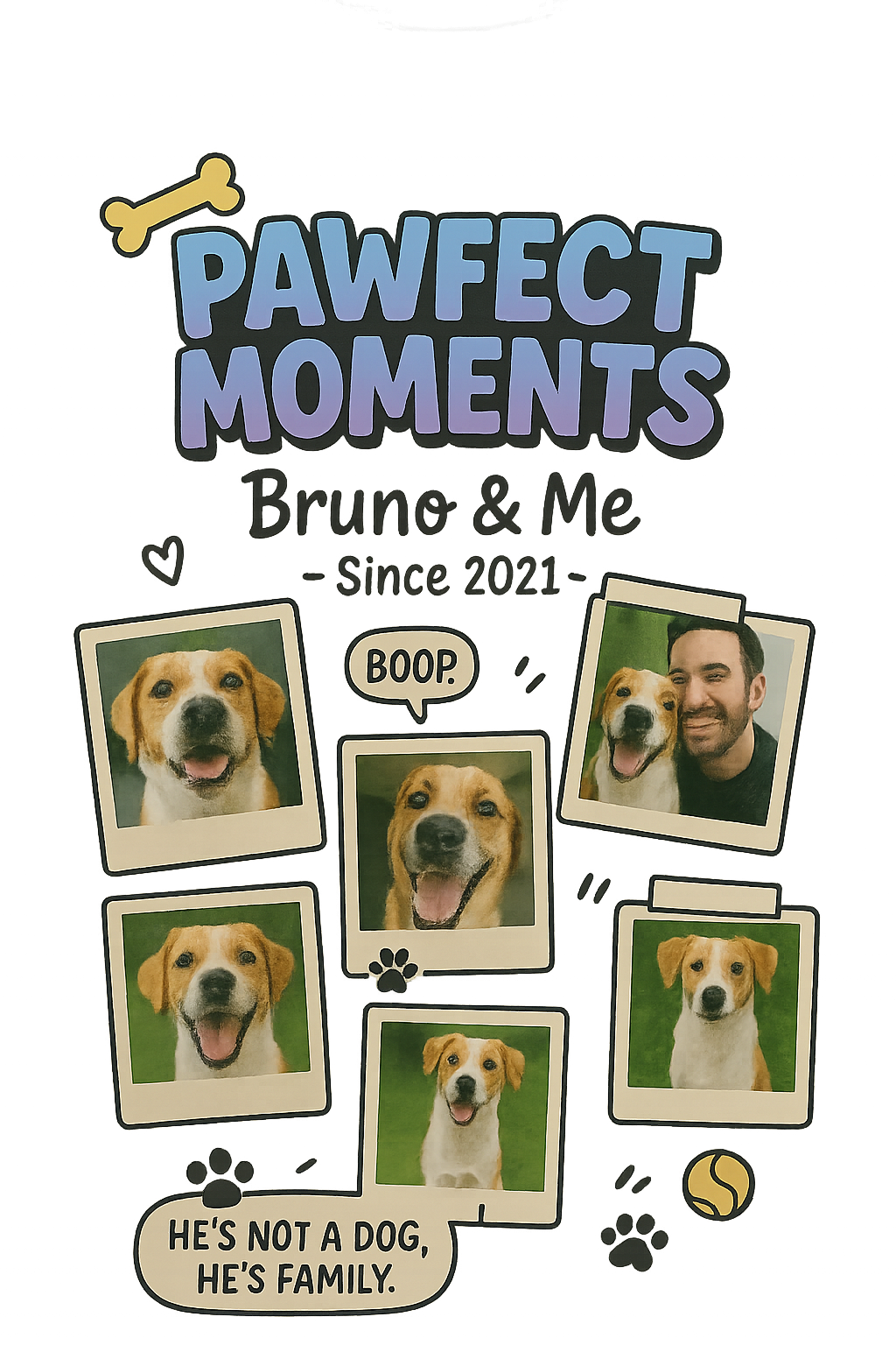 Scrapbook-style dog lover design with customizable pet name, year, and photo slots on T-shirt.