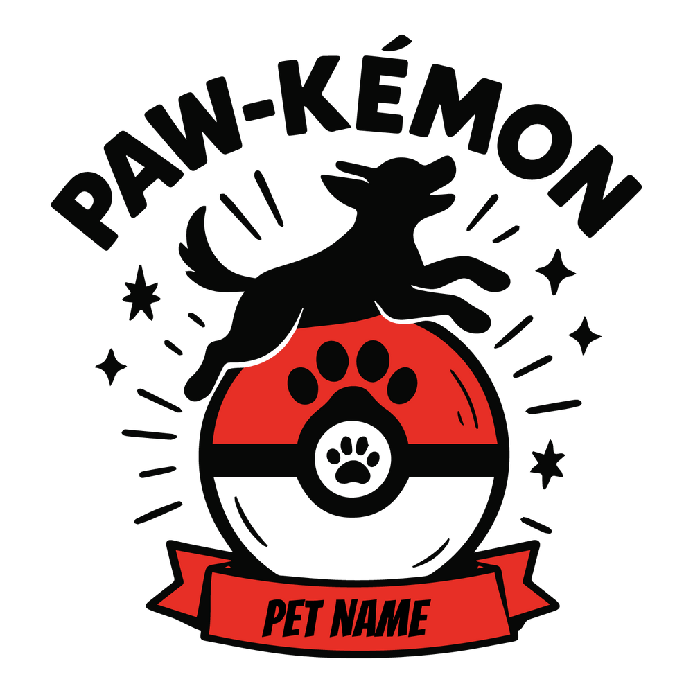 Funny “Pawkemon” custom dog T-shirt with parody ball, leaping dog silhouette, and editable pet name.