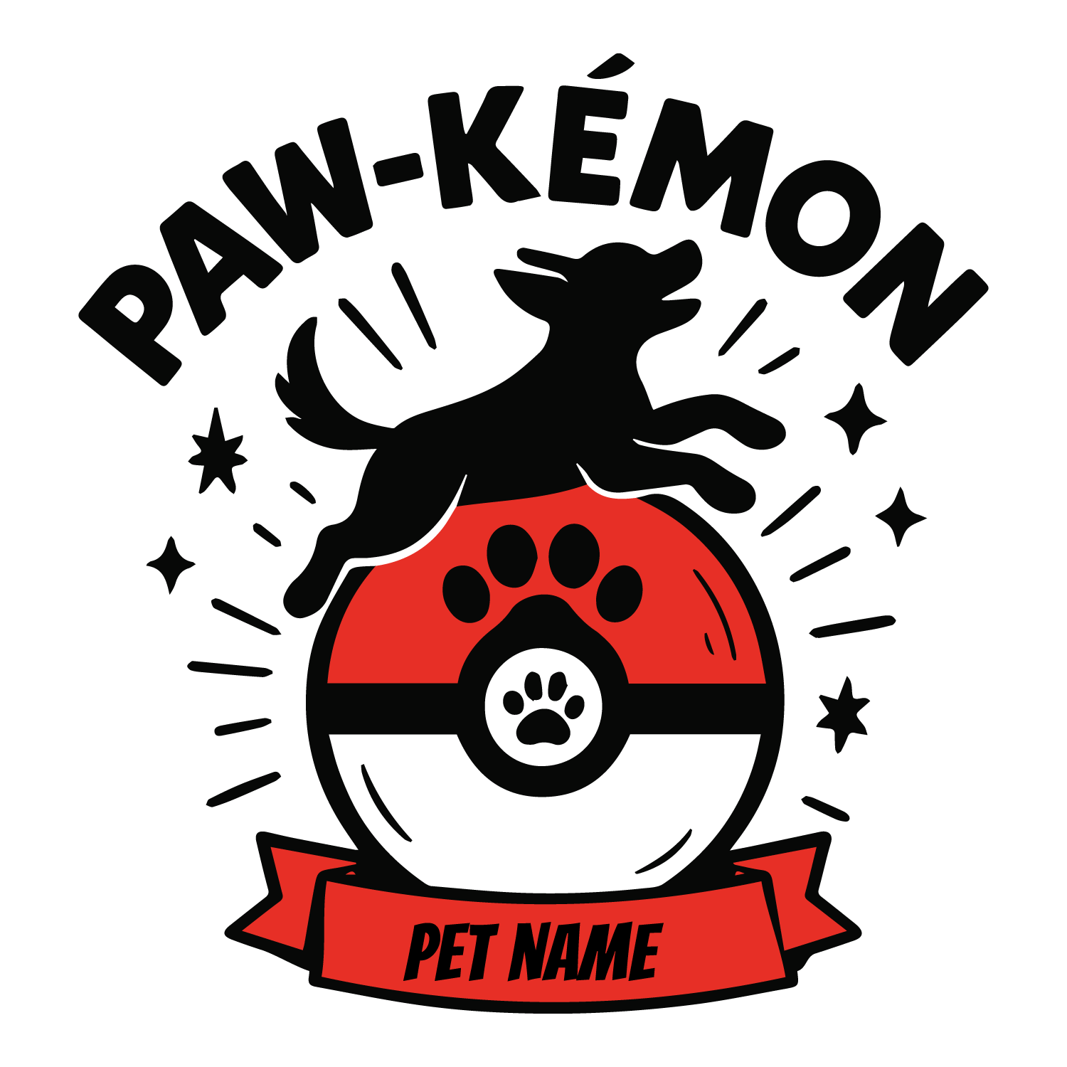 Funny “Pawkemon” custom dog T-shirt with parody ball, leaping dog silhouette, and editable pet name.