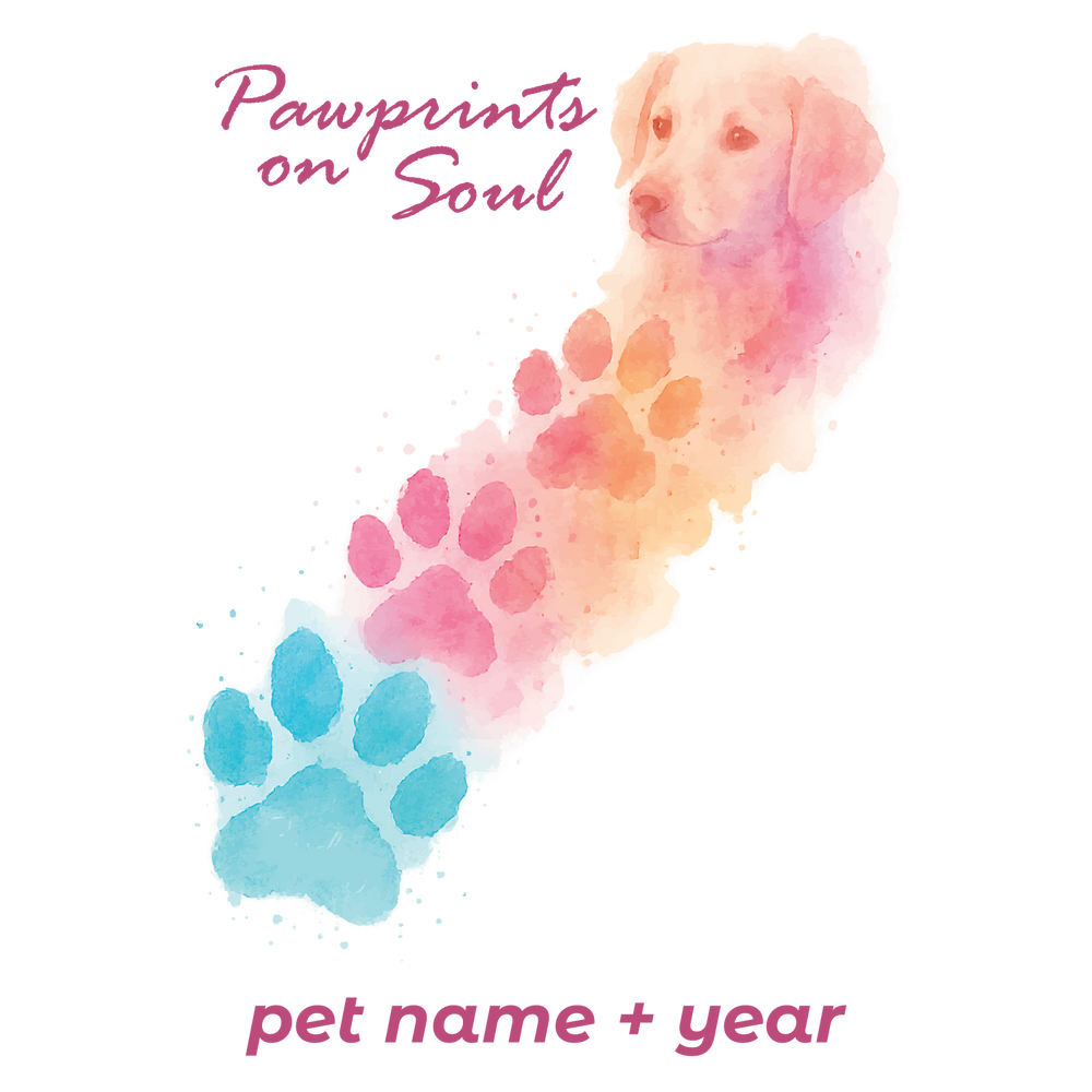 Watercolor paw trail with pet face design — customizable pet name and year on T-shirt.